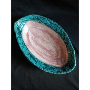 Vintage Brutalist Pink Blue-green Ceramic Painted Dish Bowl Butter + Toast